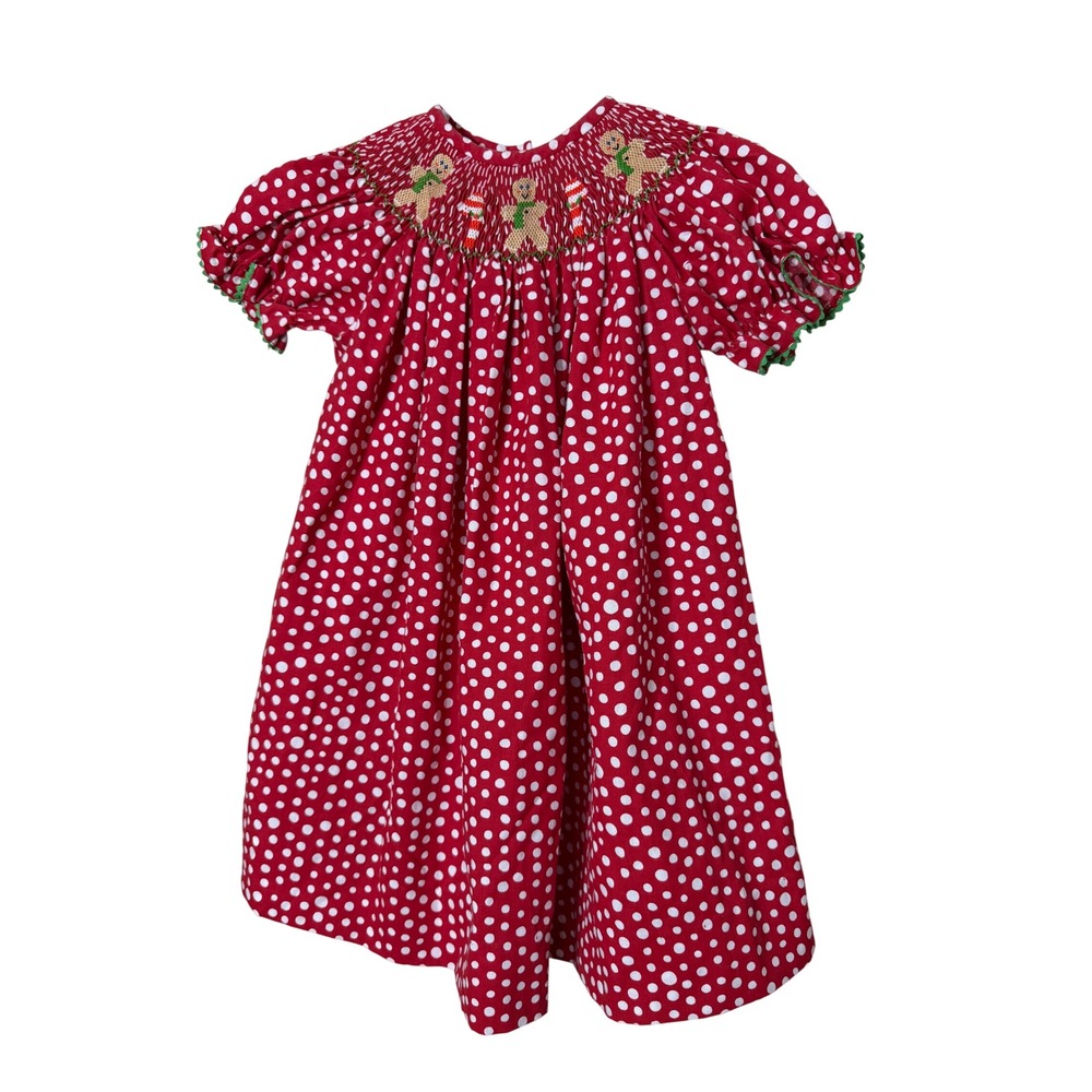 Smocked Giraffe Red‎ White Polka Dot Gingerbread Man Christmas Smocked Dress 18M